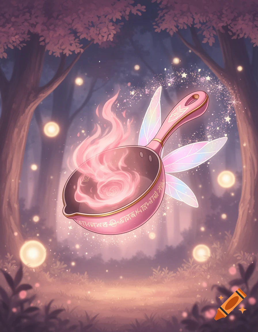 A pink frying pan with iridescent fairy wings levitates, emitting pink fire magic in an enchanted forest with glowing orbs.