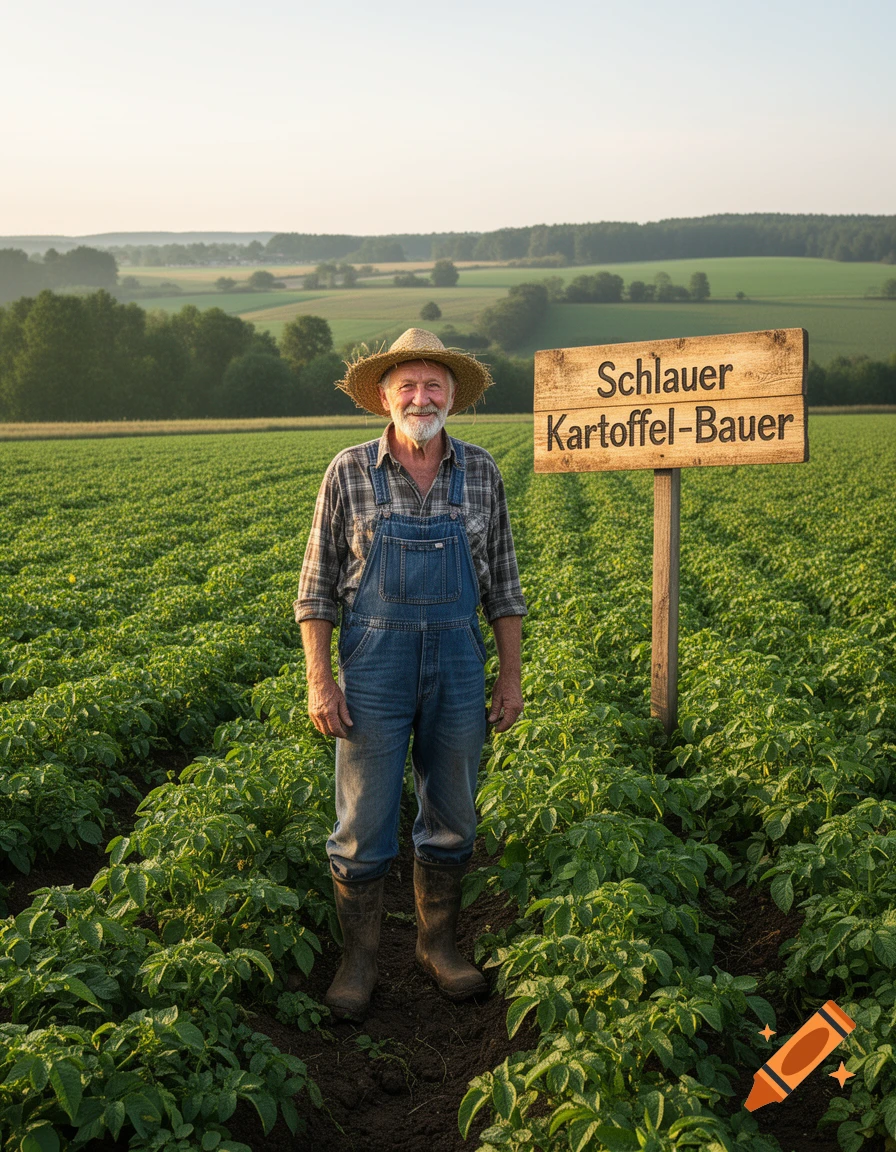 An old farmer in a straw hat and overalls stands smiling in a potato field next to a wooden sign that reads "Schlauer Kartoffel-Bauer".