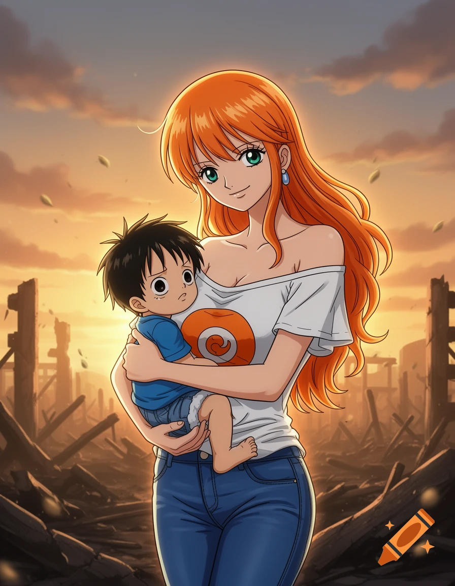 Anime-style Nami from One Piece holding a baby against a ruined, sunset-lit background.