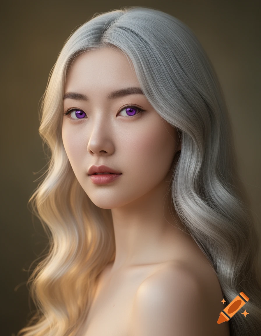 Photorealistic portrait of a young woman with silver-gold hair, violet eyes, and East Asian features.