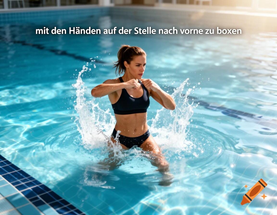 Woman boxing forward during aquafitness in a swimming pool, with water splashing around her.