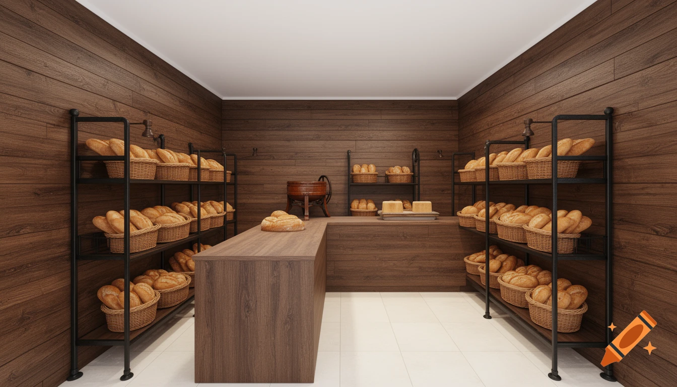 Realistic rustic bakery interior with wooden walls, black iron shelves displaying bread in baskets, an L-shaped counter, and a dough mixer.