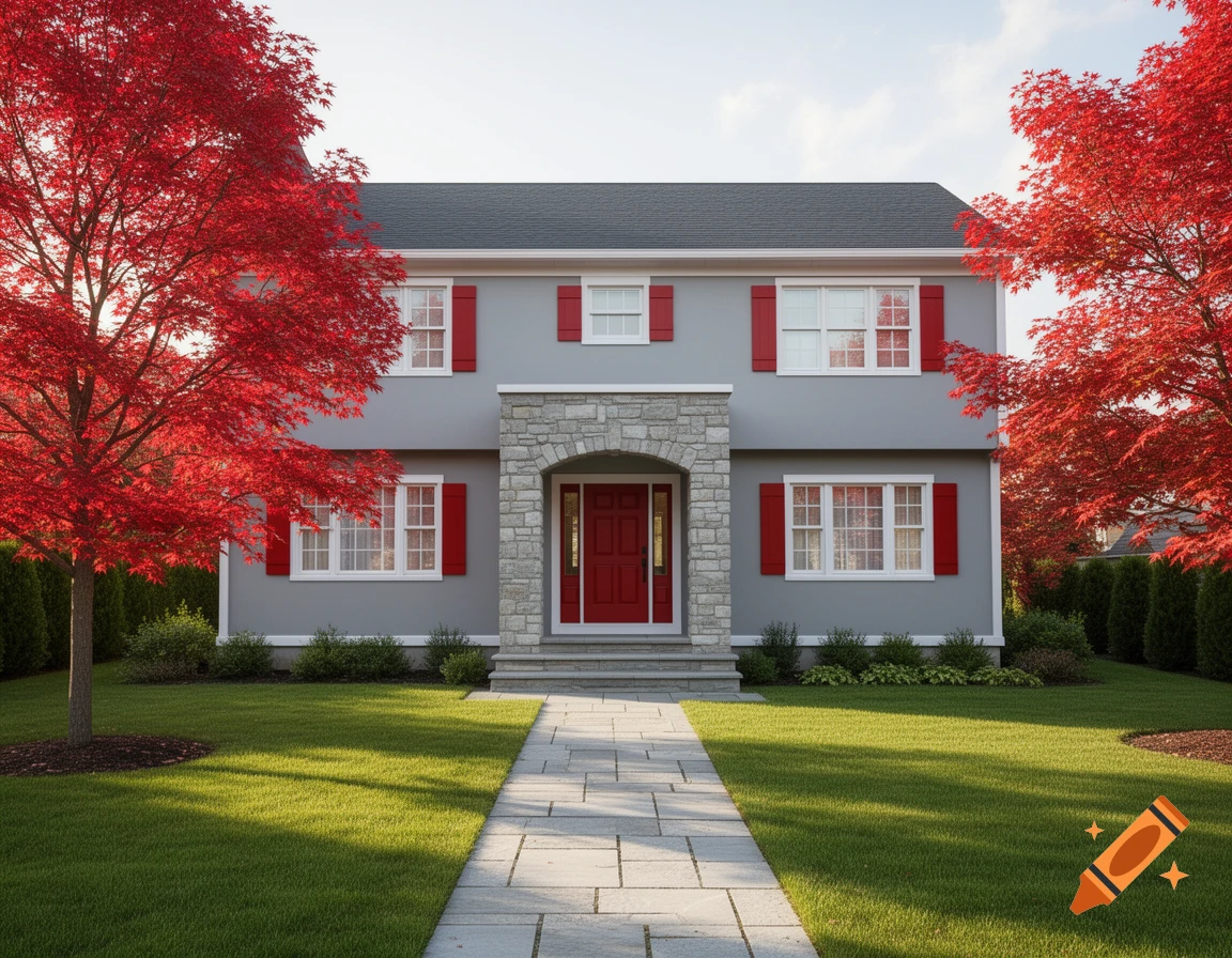 A photorealistic grey two-story house with red shutters, white windows, a red front door under a stone arch, a green lawn, and two vibrant red trees.