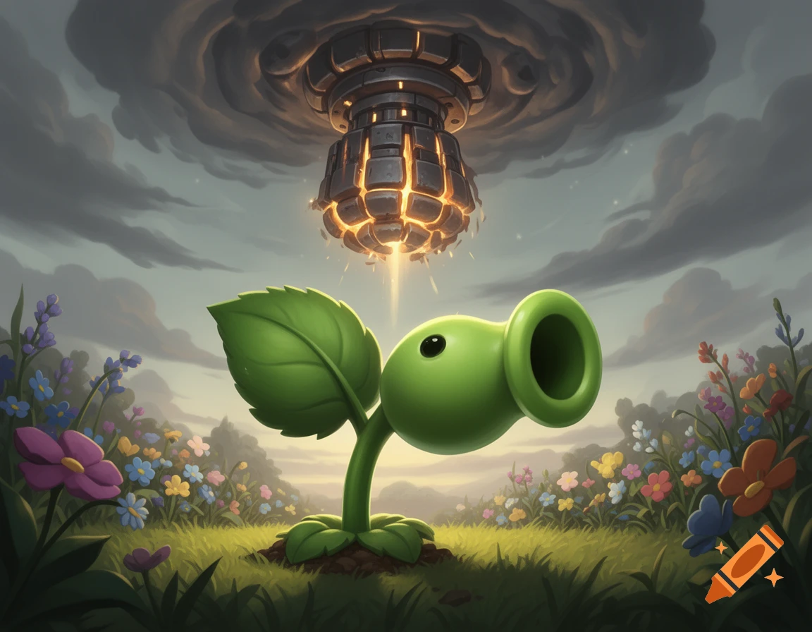 A cartoon peashooter from Plants vs. Zombies stands in a vibrant flower field, looking up at a stylized, glowing nuke descending from dark clouds.