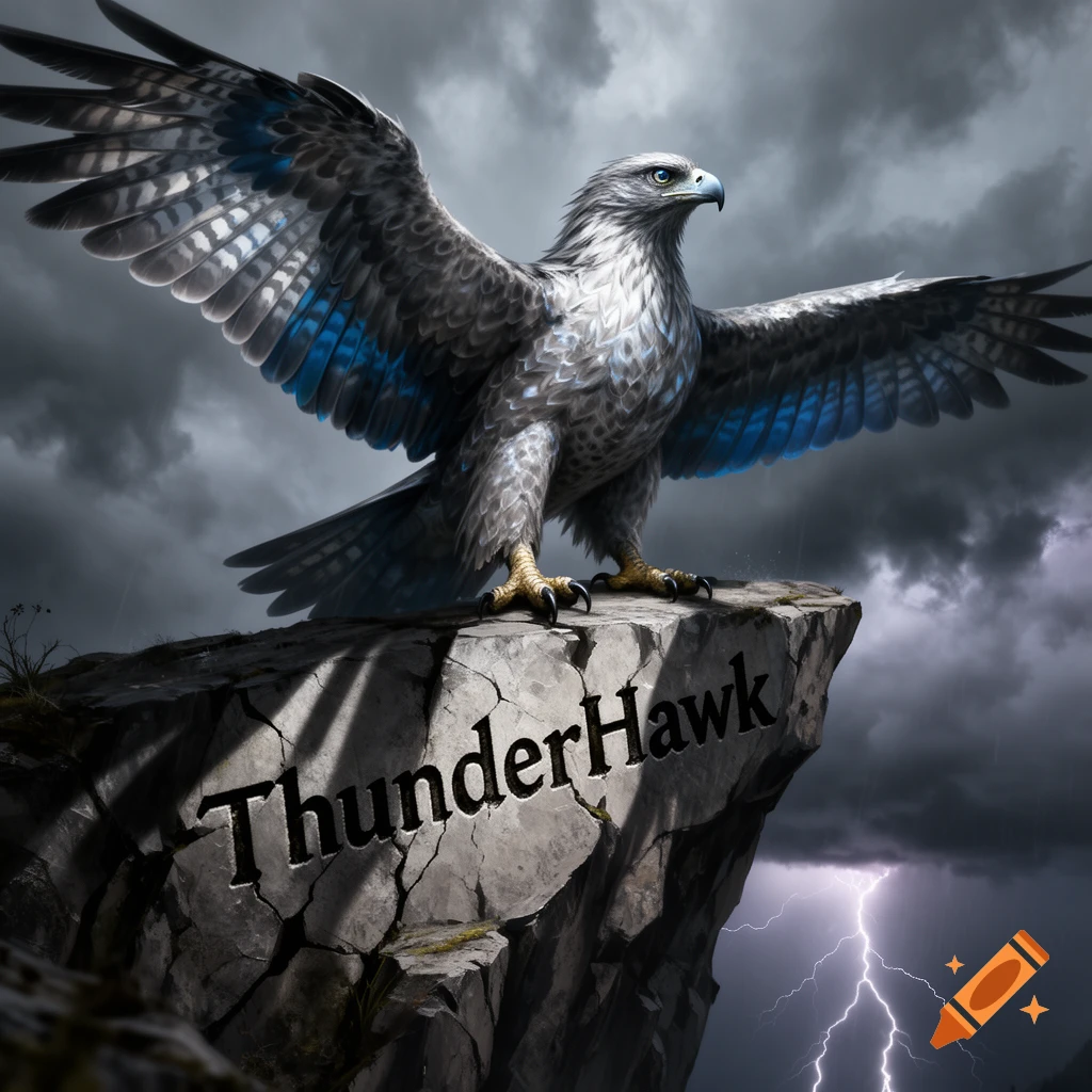 A majestic eagle-like bird with blue-tinged wings stands on a stormy cliff, with 'ThunderHawk' carved into the rock and lightning in the sky.