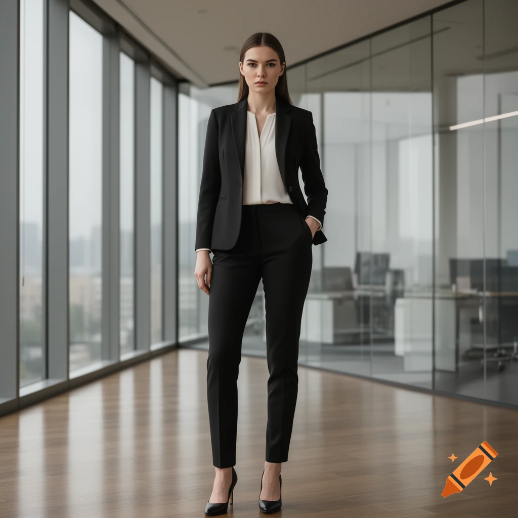 A professional woman in a black business suit stands in a modern office corridor with large windows.