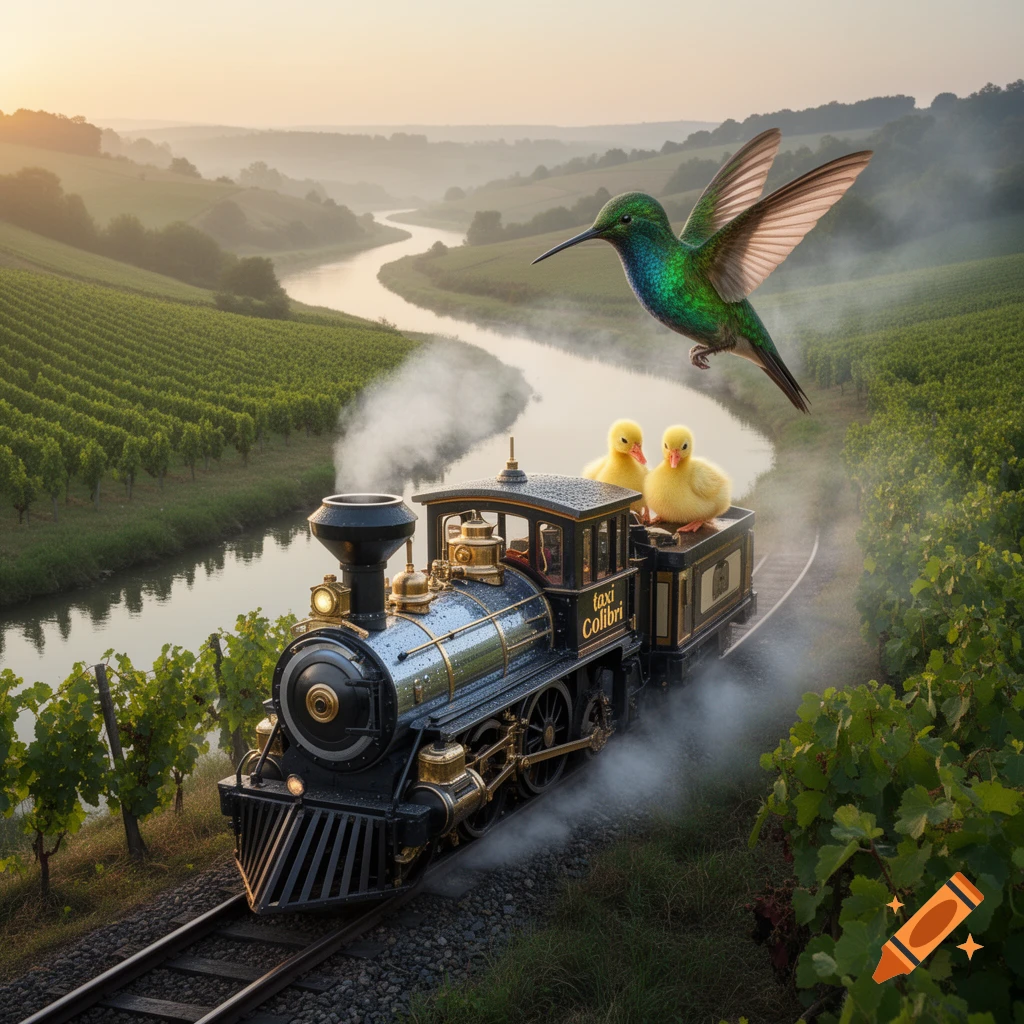 A whimsical photorealistic scene with a miniature steam train, two ducklings, and a hummingbird, traveling along a river through vineyards at sunrise.
