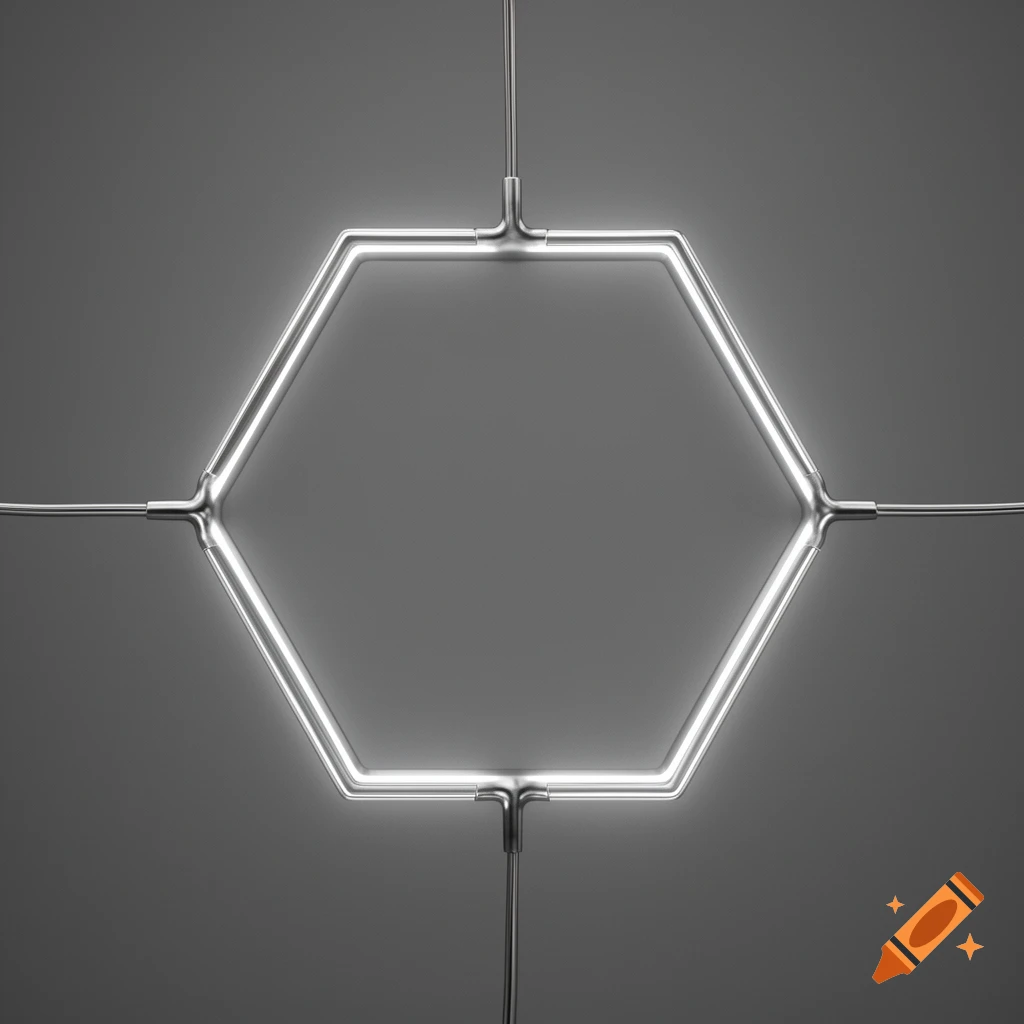 A glowing white hexagonal neon light connected by wires on a dark grey background.
