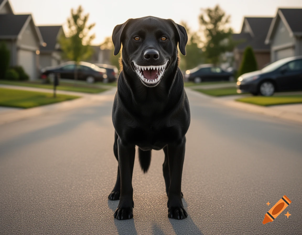 Photorealistic black Labrador with sharp shark-like teeth, standing on a suburban street at sunset.