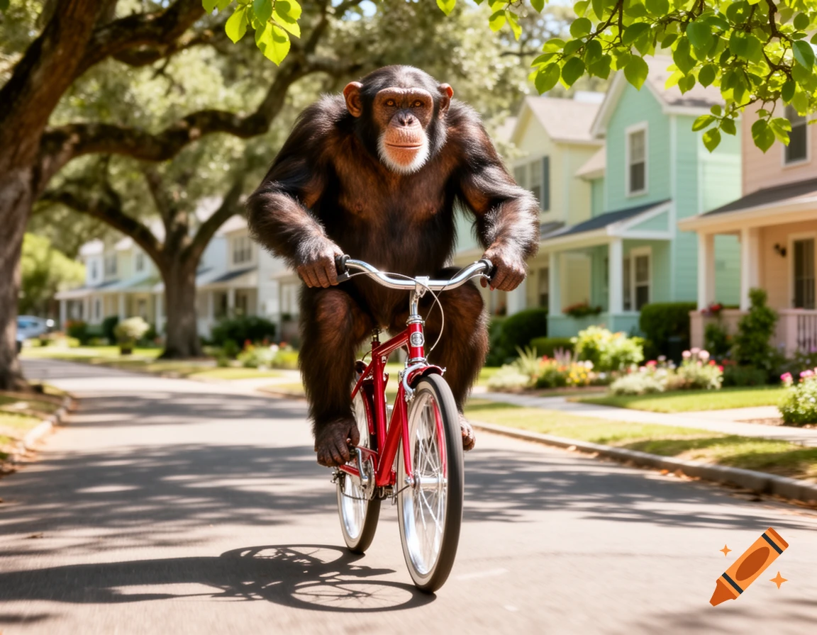 A photorealistic chimpanzee rides a red bicycle down a suburban street lined with colorful houses and green trees.