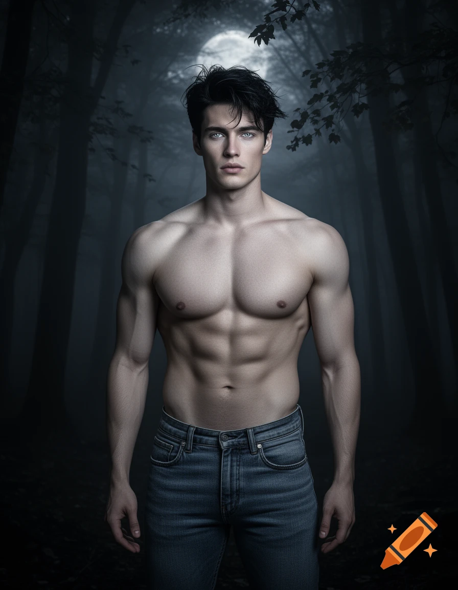 A photorealistic muscular man with silver eyes and black hair, bare-chested in jeans, stands in a dark forest under a full moon.