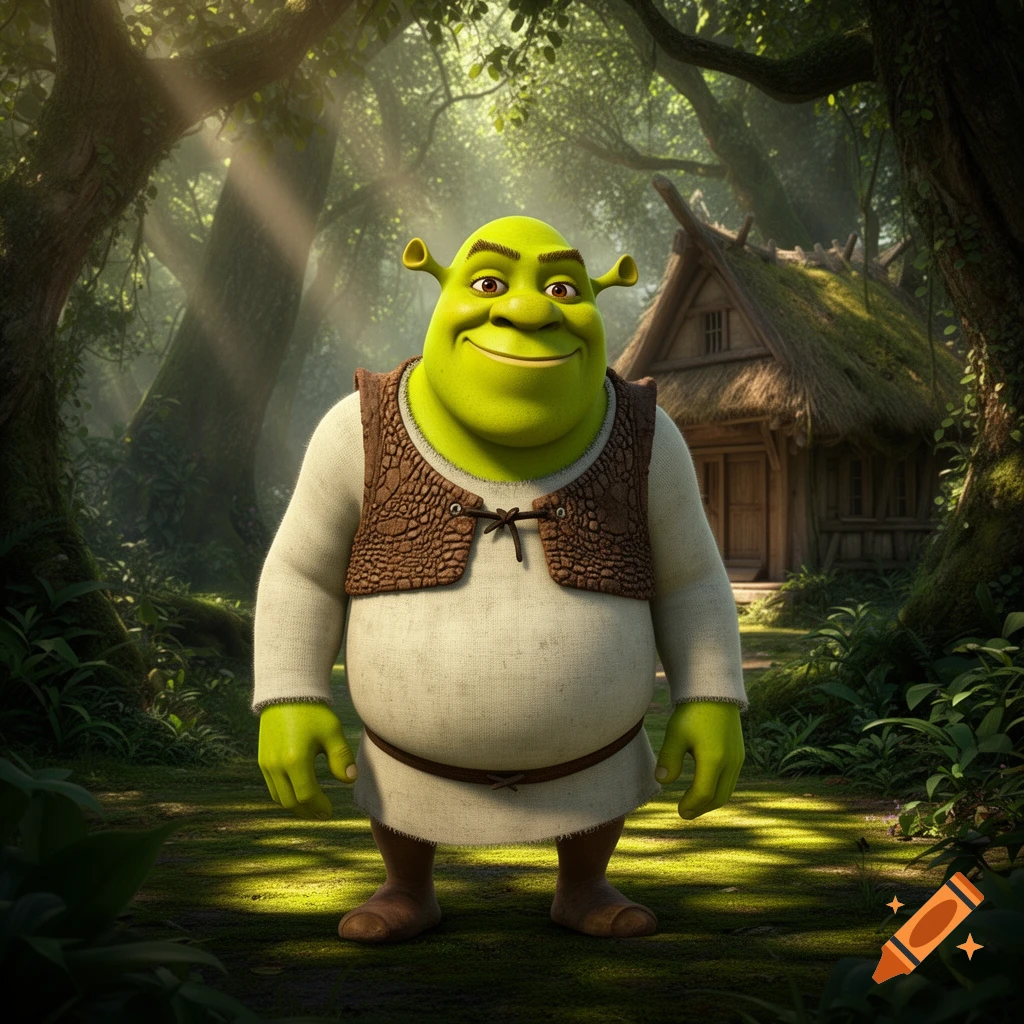 Smiling Shrek stands in a lush, sun-dappled forest with a rustic hut, rendered in photorealistic 3D.