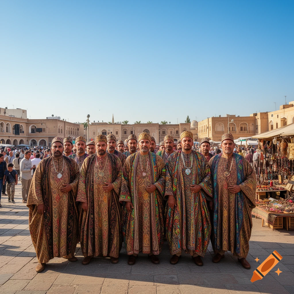 A group of men in ornate, colorful traditional robes and hats stand facing forward in a bustling outdoor marketplace under a clear blue sky.