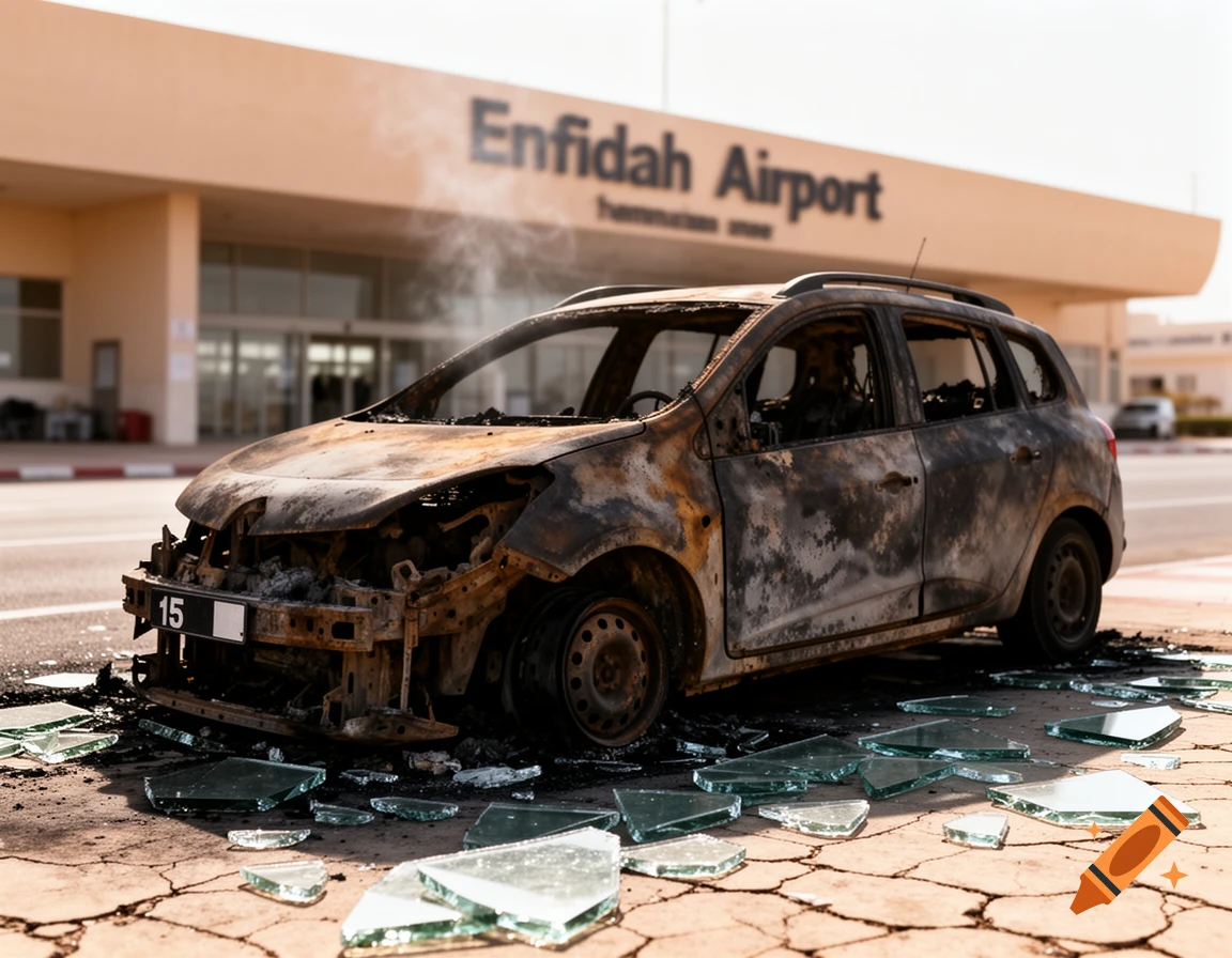 A charred, smoking Renault Clio car with shattered glass on the ground, parked in front of Enfidah Airport.