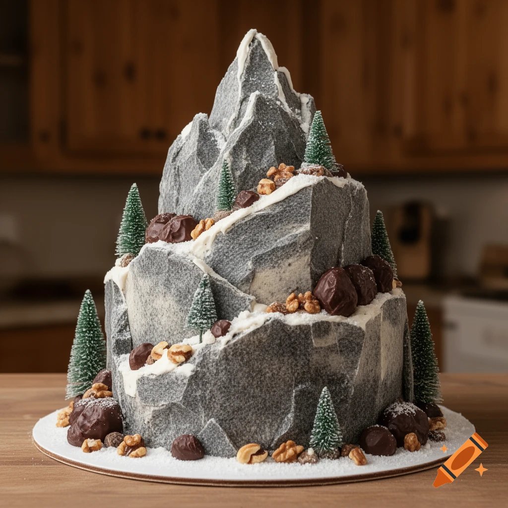 A multi-tiered cake designed as a rocky mountain, featuring white frosting snow, miniature pine trees, chocolate rocks, and walnuts on a wooden table.