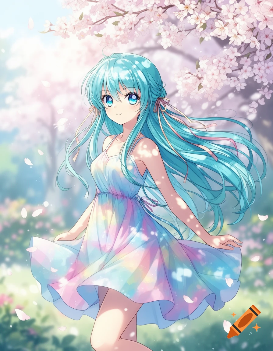 A smiling anime girl with long blue hair and big blue eyes, wearing a pastel rainbow dress, stands among falling cherry blossoms in a spring garden.