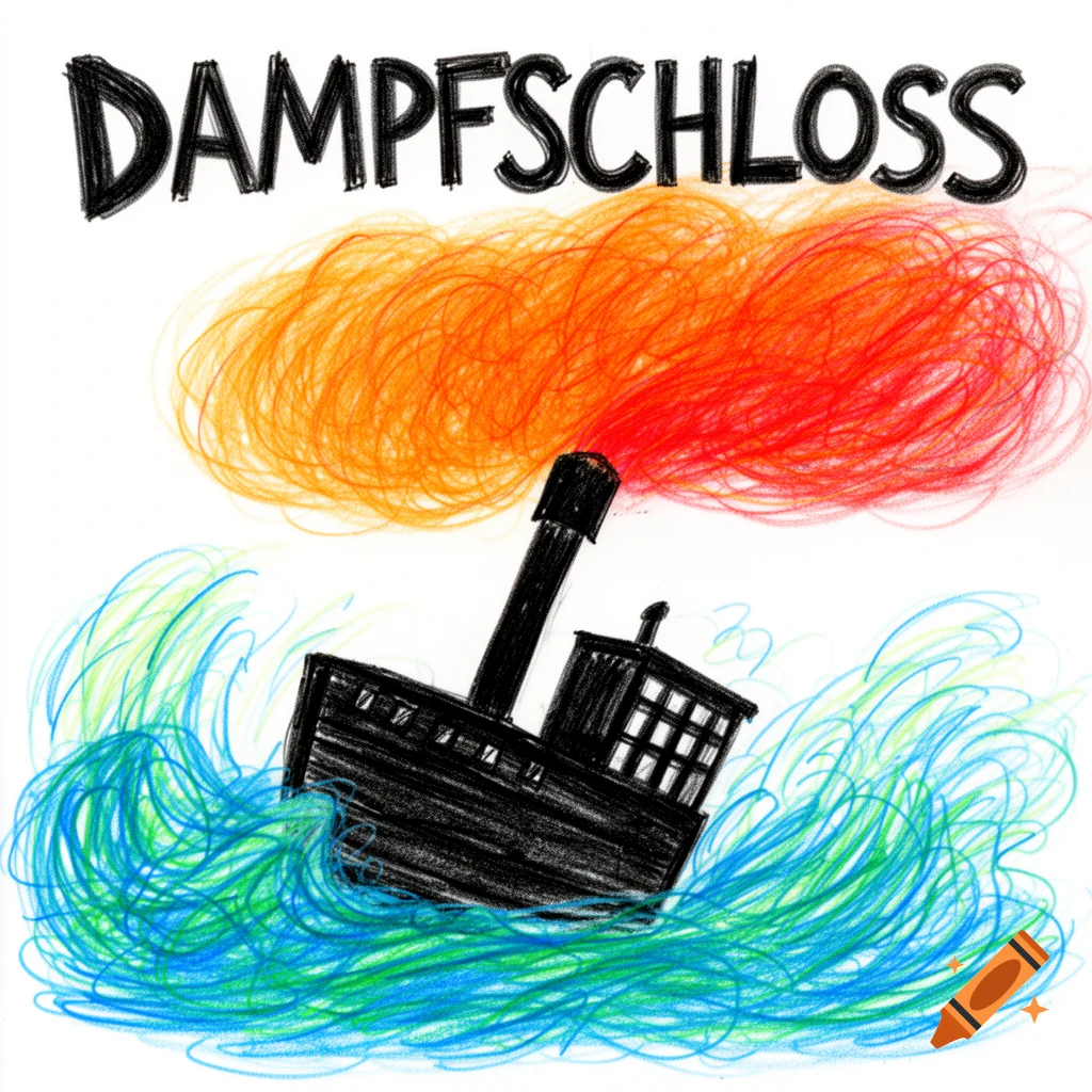 A child's drawing of a black steamboat tilting in blue and green waves, with an orange and red smoke cloud from its chimney and "DAMPFSCHLOSS" written above.