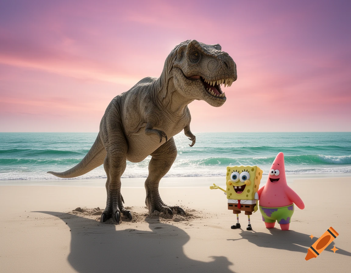 A photorealistic Tyrannosaurus Rex stands next to Spongebob and Patrick on a beach with a pink sunset sky.