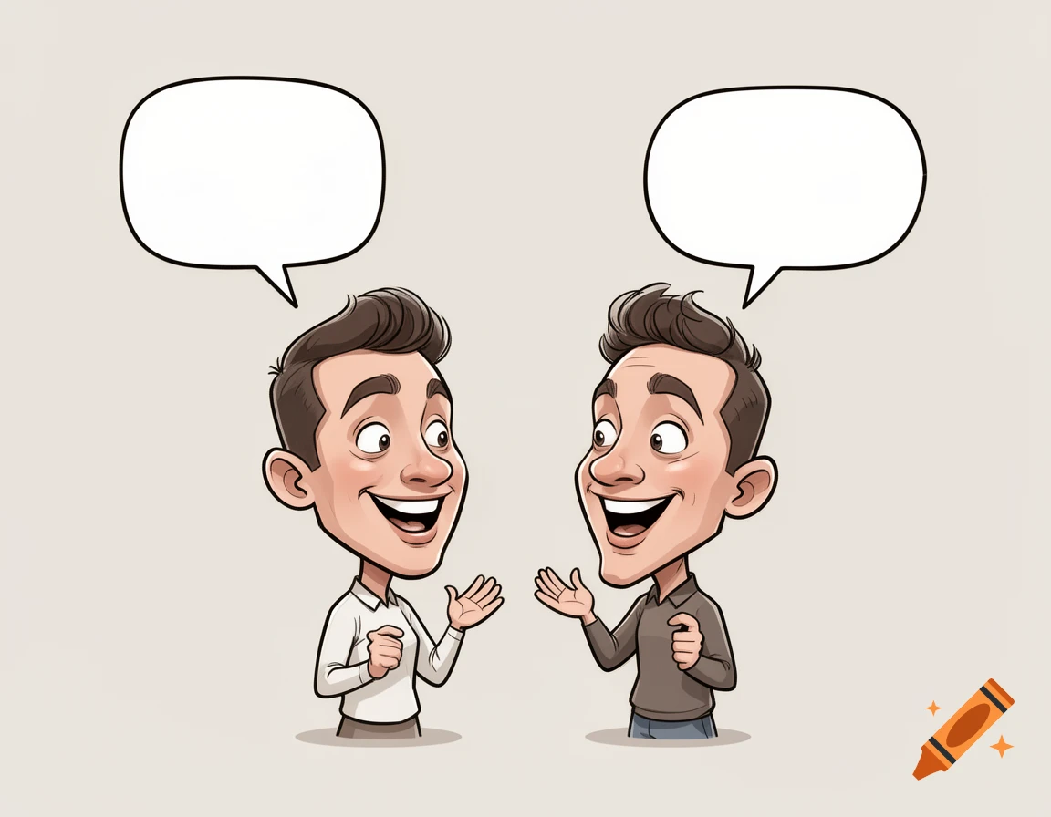 Minimalist caricature of two men talking with empty speech bubbles.