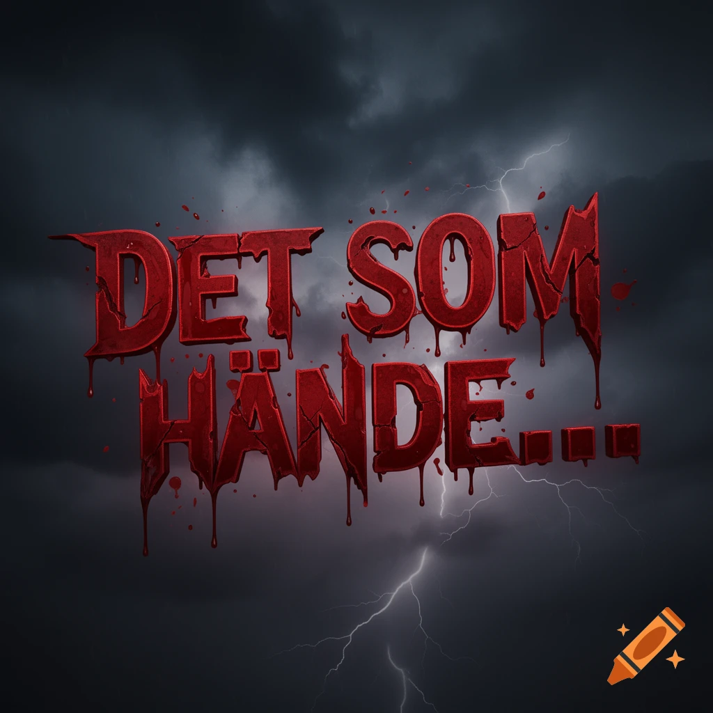 Red, blood-dripping text 'DET SOM HÄNDE...' against a dark, stormy sky with lightning.