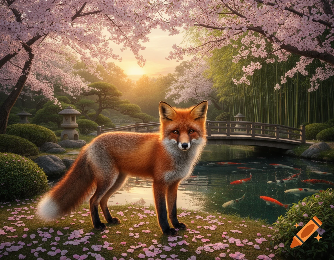 A photorealistic red fox stands in a vibrant Japanese garden with pink cherry blossoms, a pond with koi fish, a bridge, and bamboo.