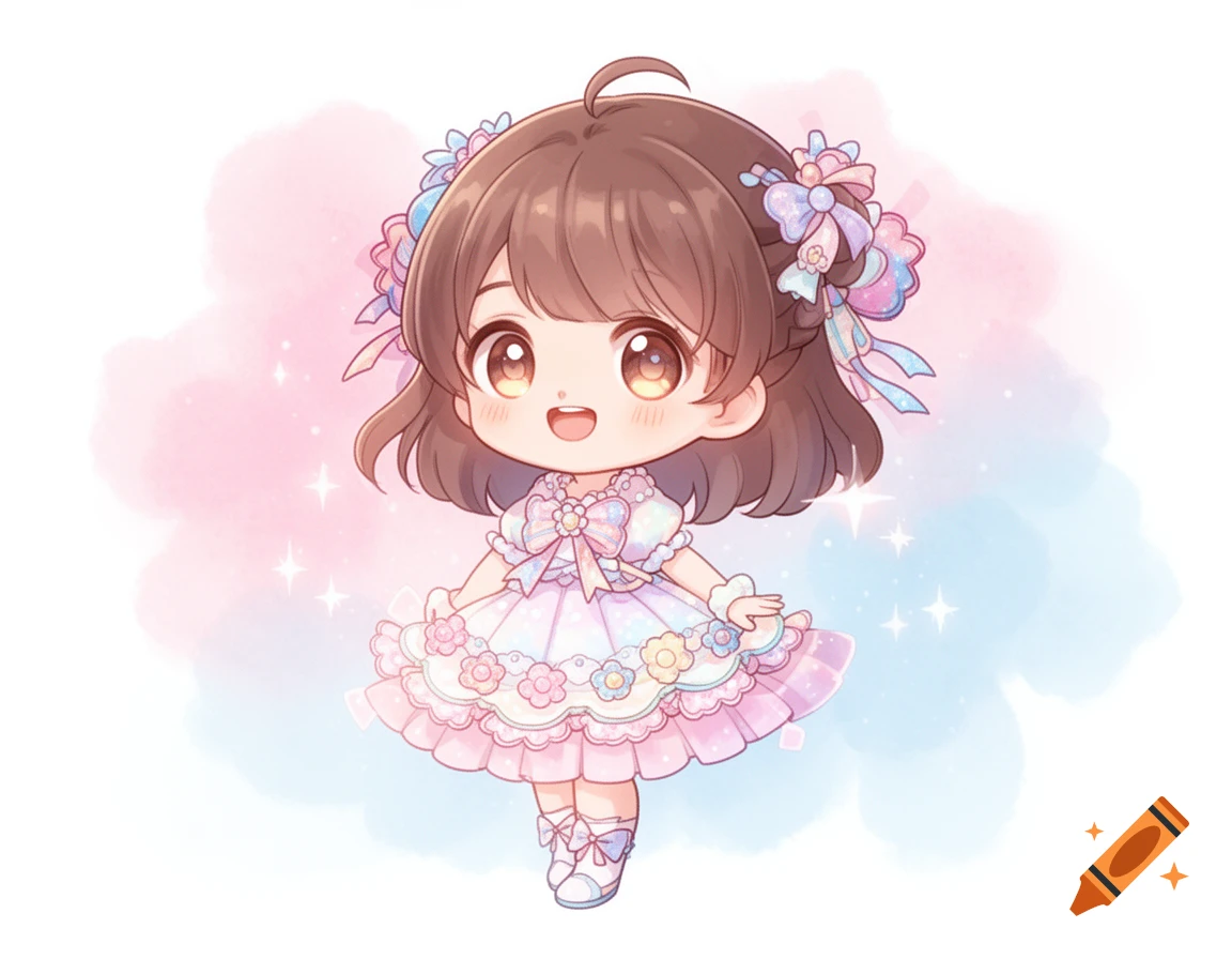 A cute chibi girl with brown hair and large eyes wears a frilly pastel dress with bows and flowers, on a pink and blue watercolor background with sparkles.