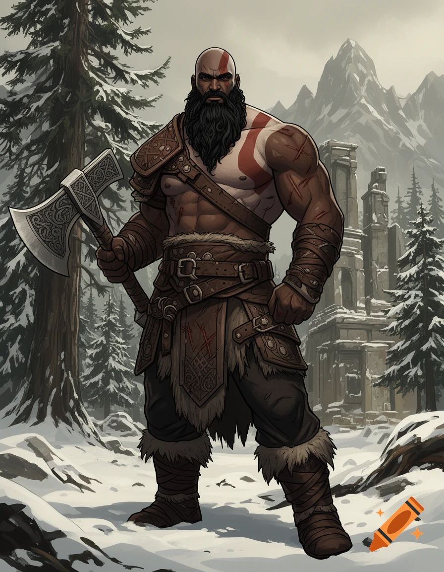 A muscular, bald, bearded warrior in Norse armor with a red chest mark, holding an axe in a snowy forest. Graphic novel style.