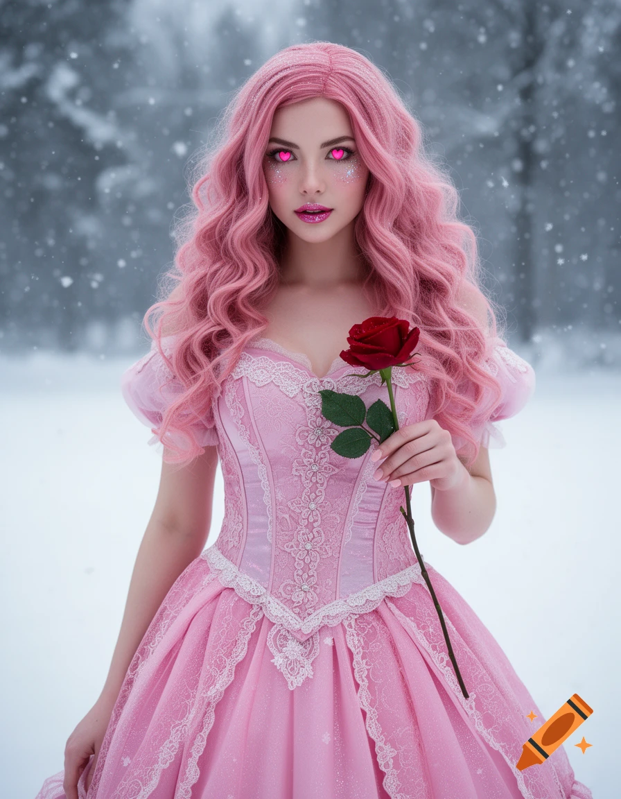 A woman with long pink hair and heart-shaped eyes in a pink dress holds a red rose in a snowy forest.
