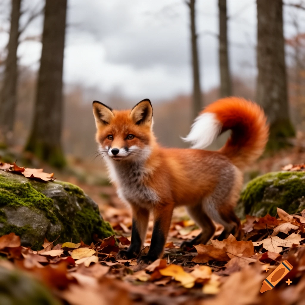 A photorealistic red fox with a fluffy tail stands among fallen autumn leaves and mossy rocks in a forest.