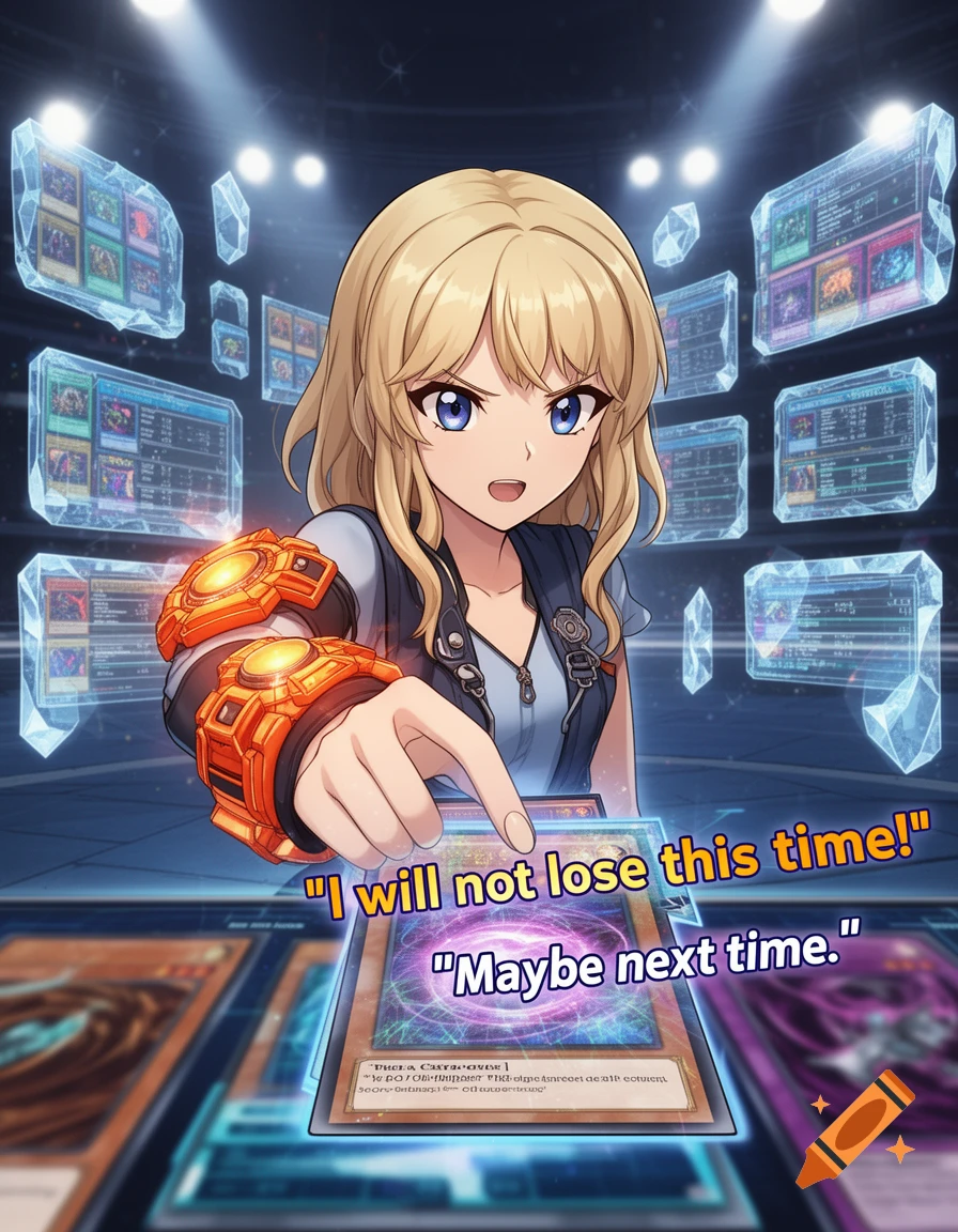 An anime-style girl with blonde hair and blue eyes, wearing a vest and orange wrist devices, points at a Yugioh card on a table. Holographic screens with card details float in the background, with text bubbles saying "I will not lose this time!" and "Maybe next time."