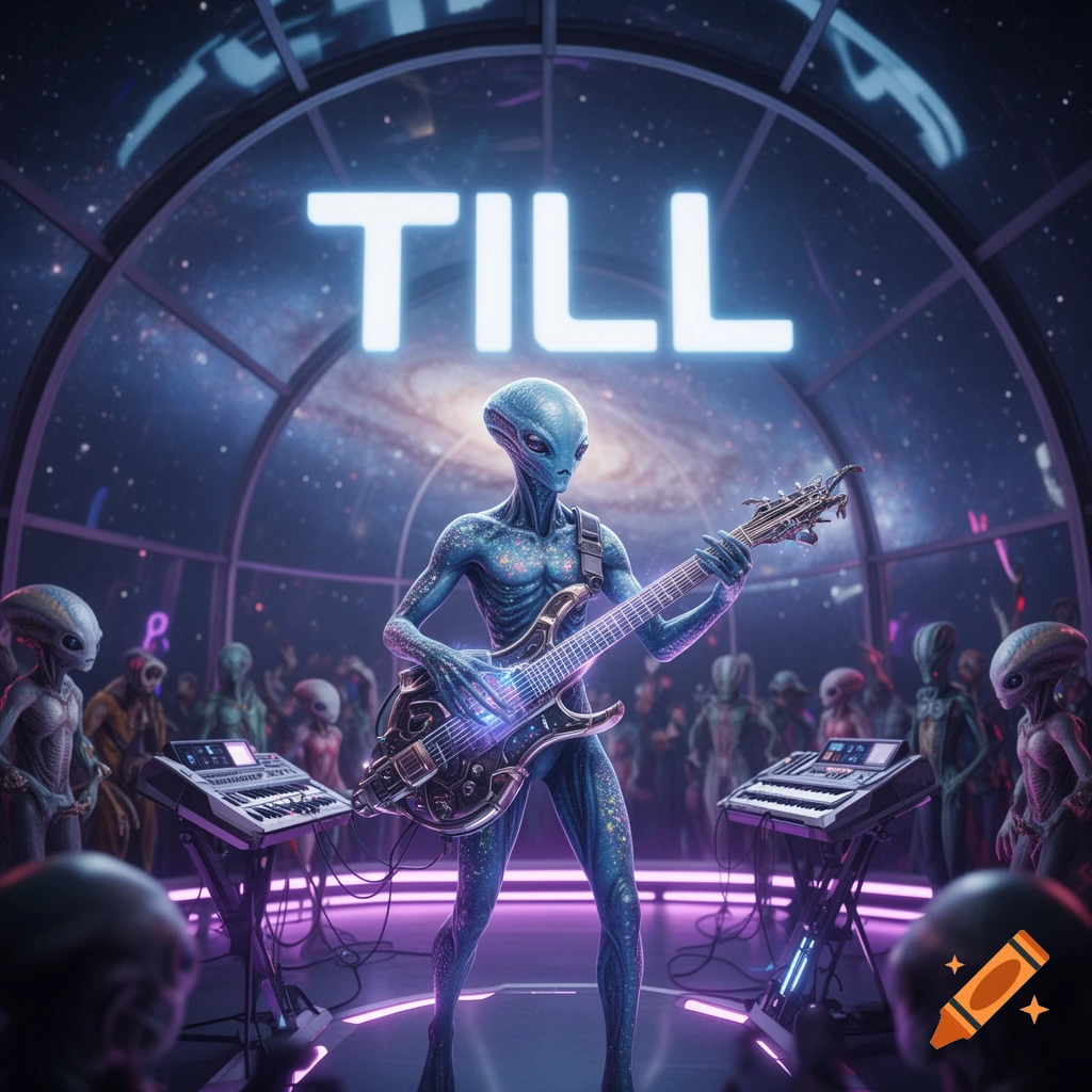 Blue alien playing an electric guitar on a futuristic stage with a galaxy view and other aliens in the audience.