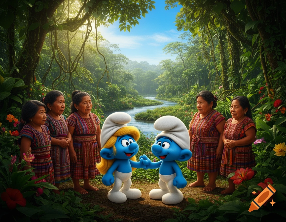 Two cartoon Smurfs meet six indigenous women in traditional dresses in a lush, sunny jungle with a river.