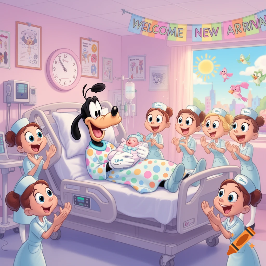Goofy lies in a hospital bed, holding a swaddled baby as several happy nurses clap around him in a pastel pink room with a "WELCOME NEW ARRIVAL" banner.