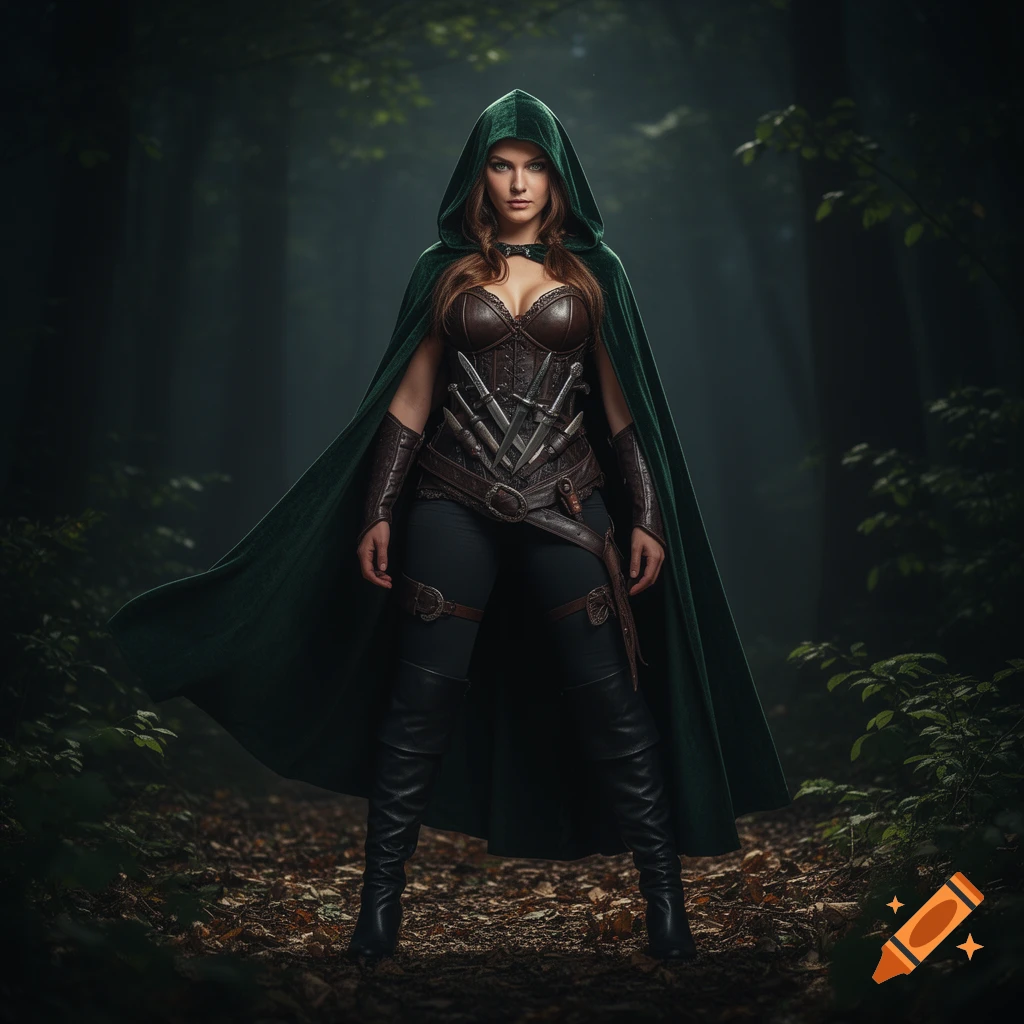 A photorealistic image of a woman in a dark green hooded cloak, brown leather armor with daggers, and boots, standing in a dim forest.