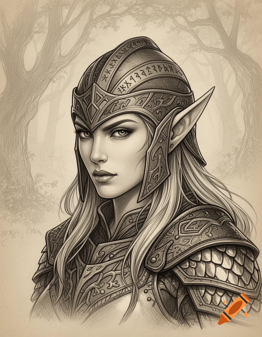A detailed pencil sketch of a female elven warrior wearing ornate armor and helmet, with a subtle forest background.