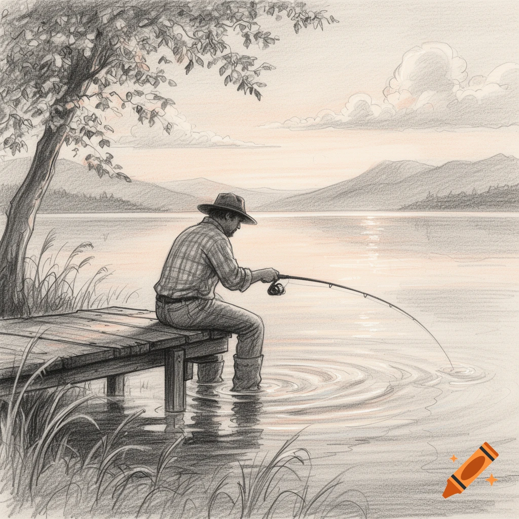 Sketch of a man in a hat fishing from a wooden dock on a calm lake, with mountains and sunset.