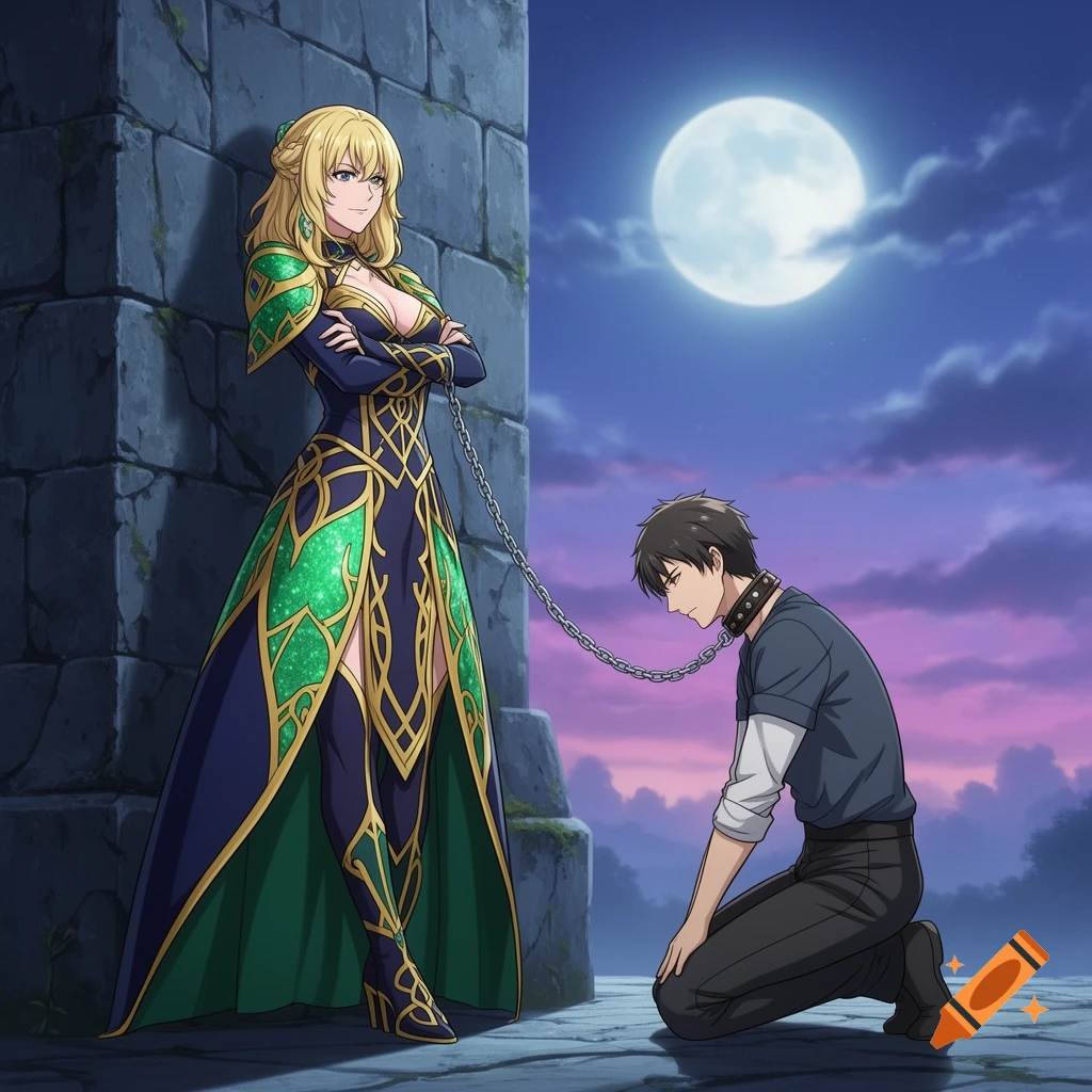 A confident anime woman in a green and gold fantasy dress holds a chain attached to a man kneeling before her under a full moon.