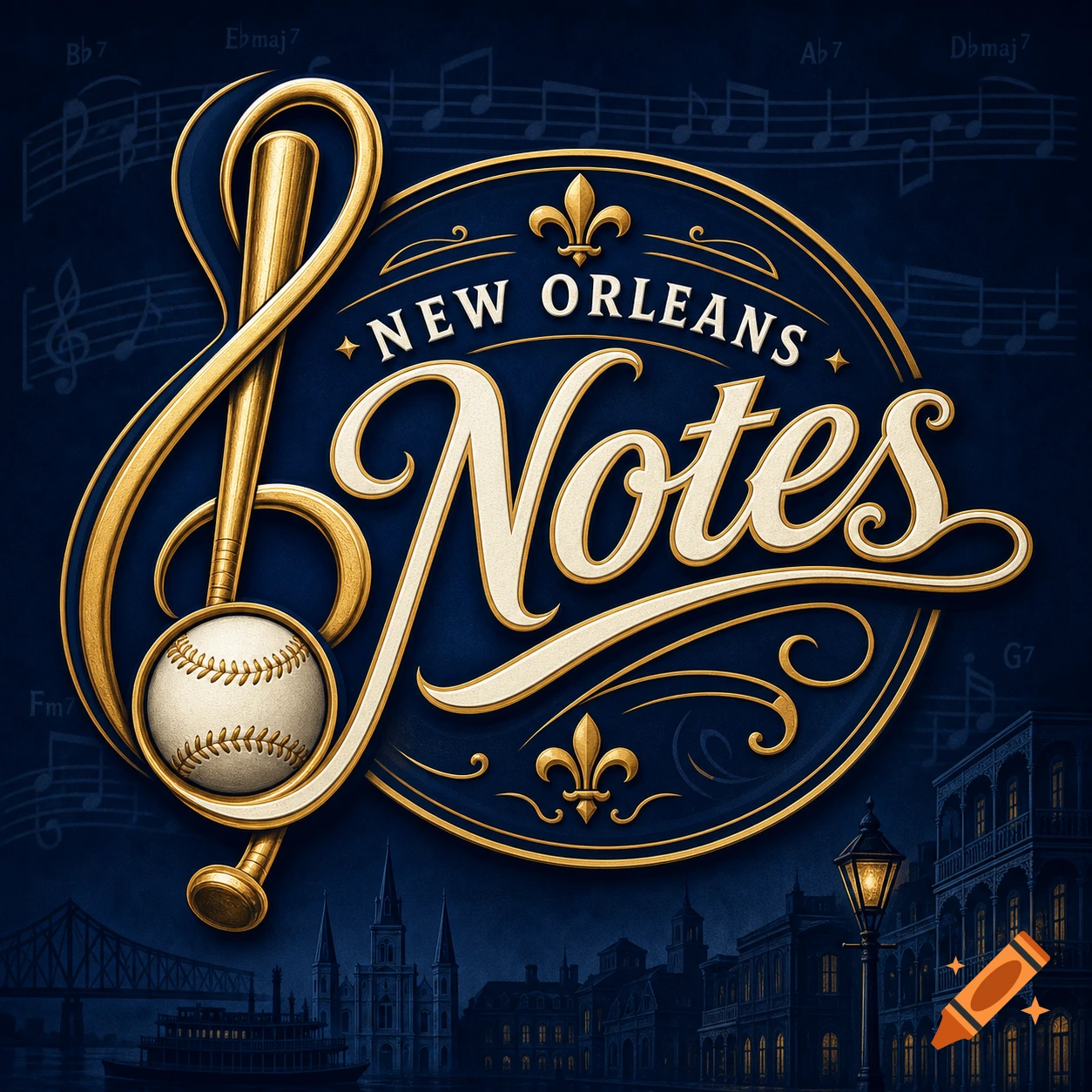 A detailed logo for the New Orleans Notes baseball team, featuring a gold bat shaped like a treble clef, a baseball, and the city skyline.
