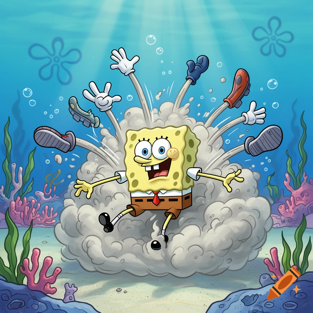 SpongeBob SquarePants cartoon character erupts from a dust cloud underwater, surrounded by flying cartoon hands and feet.
