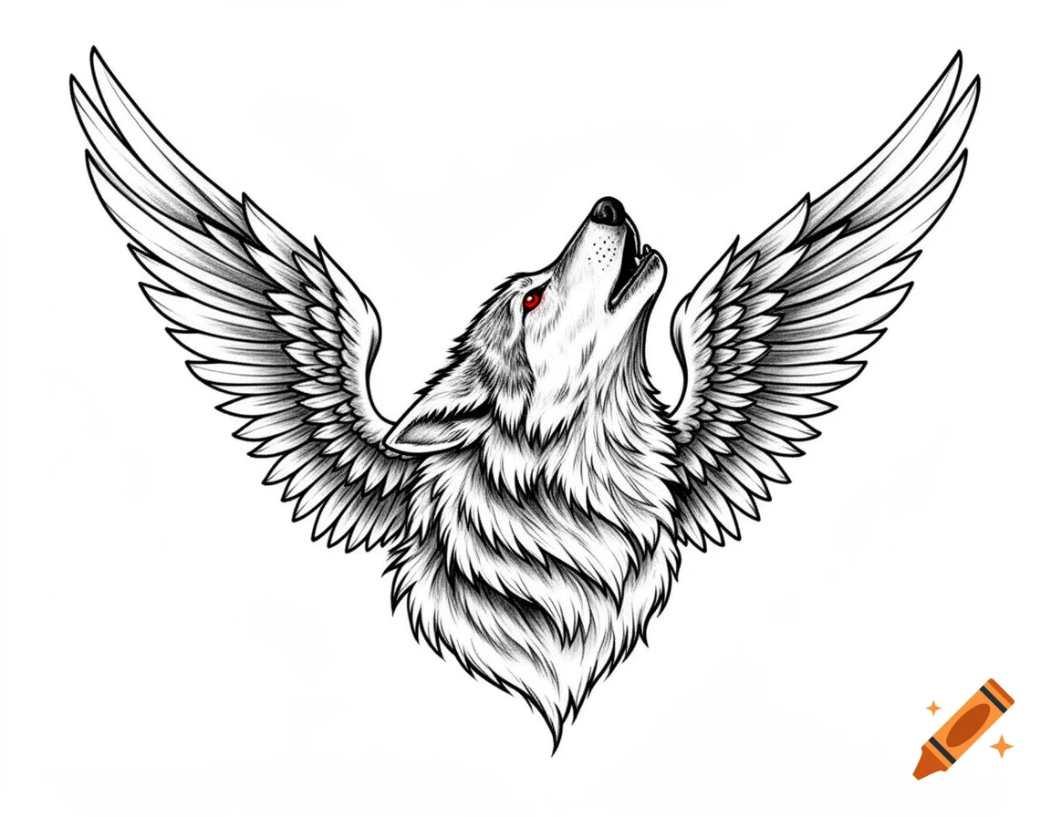 Black and white illustration of a howling wolf with large, spread wings and red eyes.