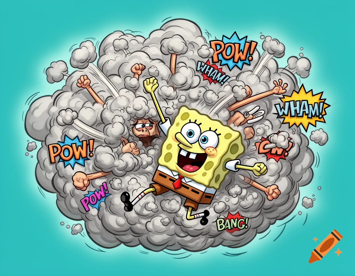 Cartoon illustration of SpongeBob smiling in a fight cloud with other characters' arms and comic sound effects like "POW!" and "WHAM!".