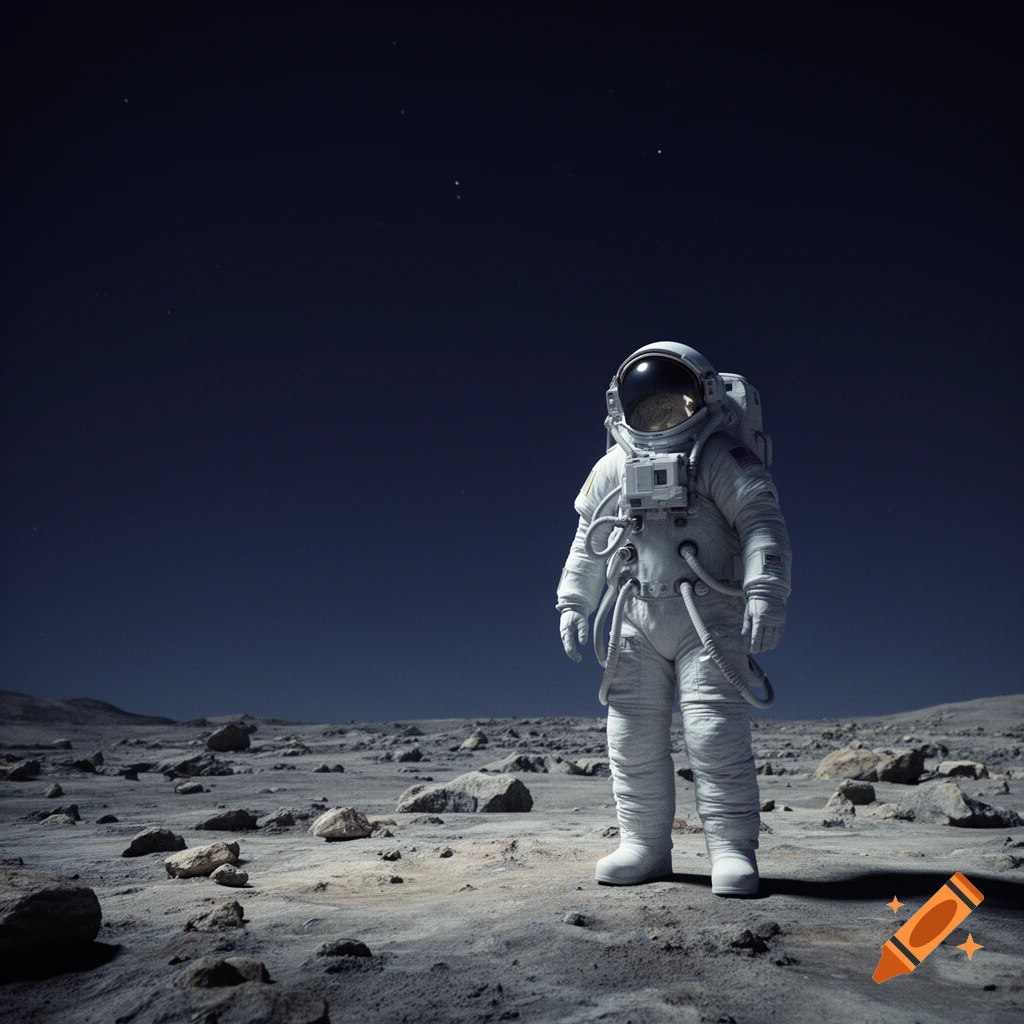 A lone astronaut in a white suit stands on a rocky lunar surface under a dark, star-speckled sky.