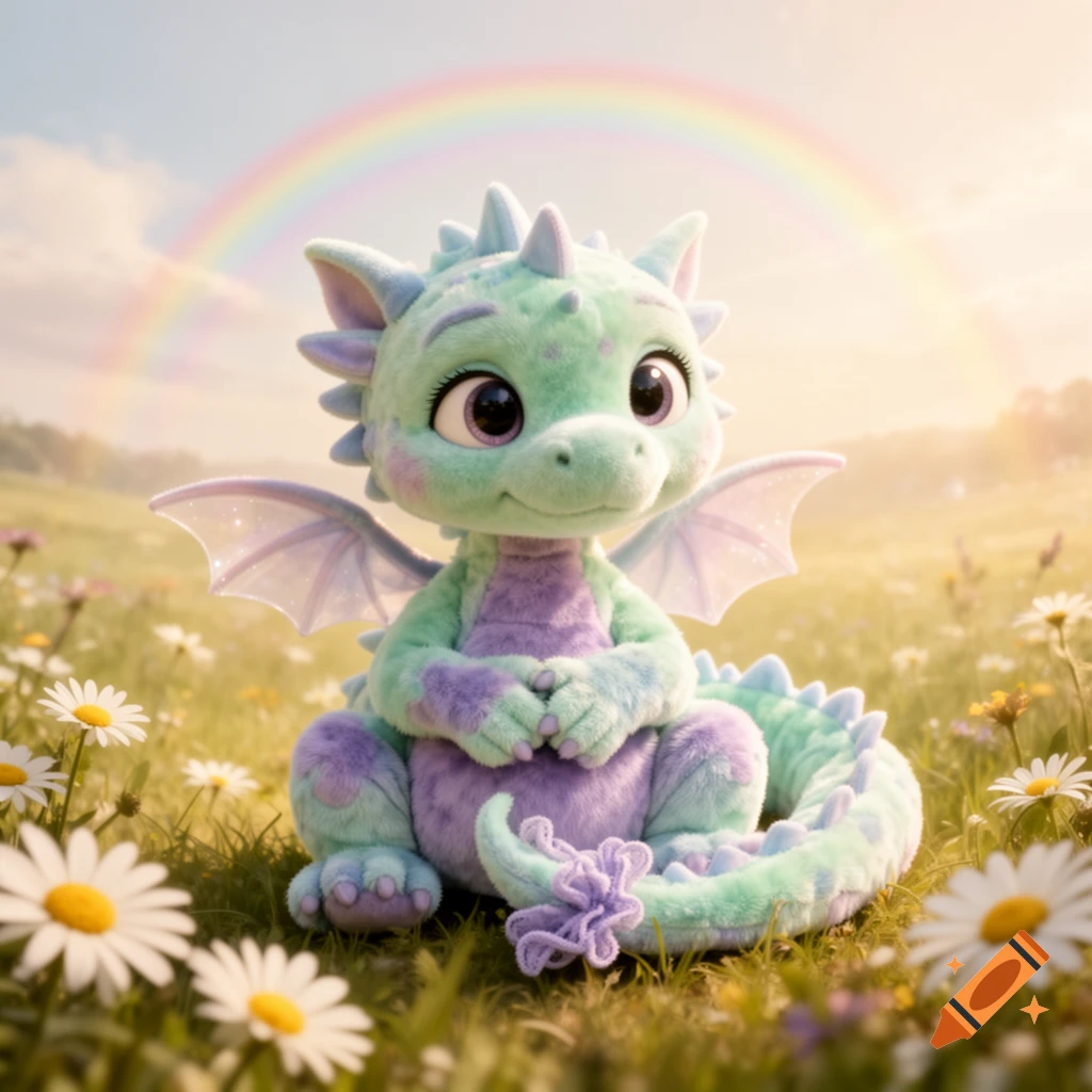 A cute, fuzzy, light green and purple dragon with big eyes sits in a sunny field of white daisies under a rainbow.