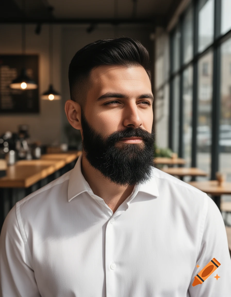 Photorealistic portrait of a man with a dark beard and white shirt, looking right in a sunlit cafe.