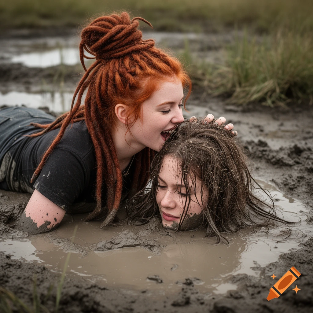 Two young women, one with red dreadlocks, biting the head of a muddy-haired woman submerged in a mud puddle. Photorealistic.