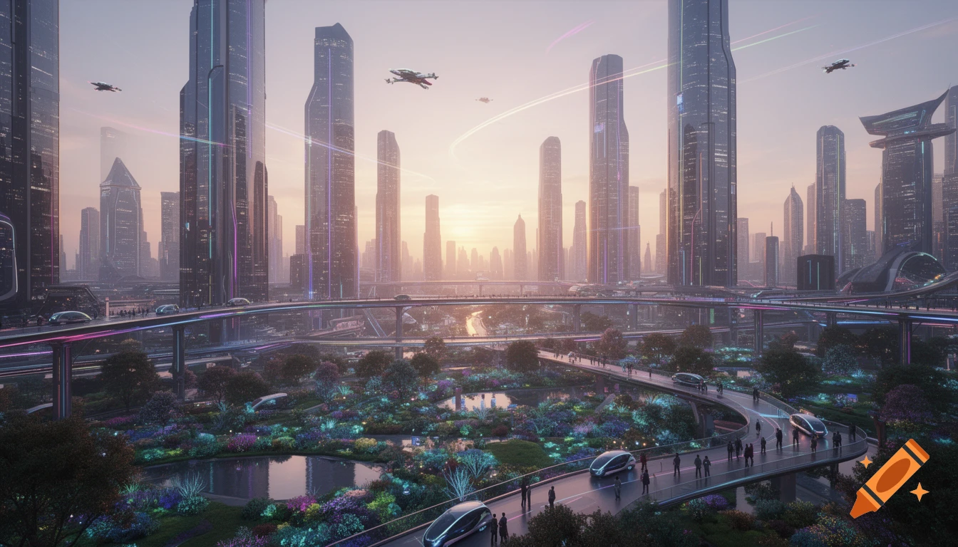A vibrant futuristic cityscape at sunrise, featuring towering skyscrapers, glowing elevated roadways, flying vehicles, and lush, colorful gardens.