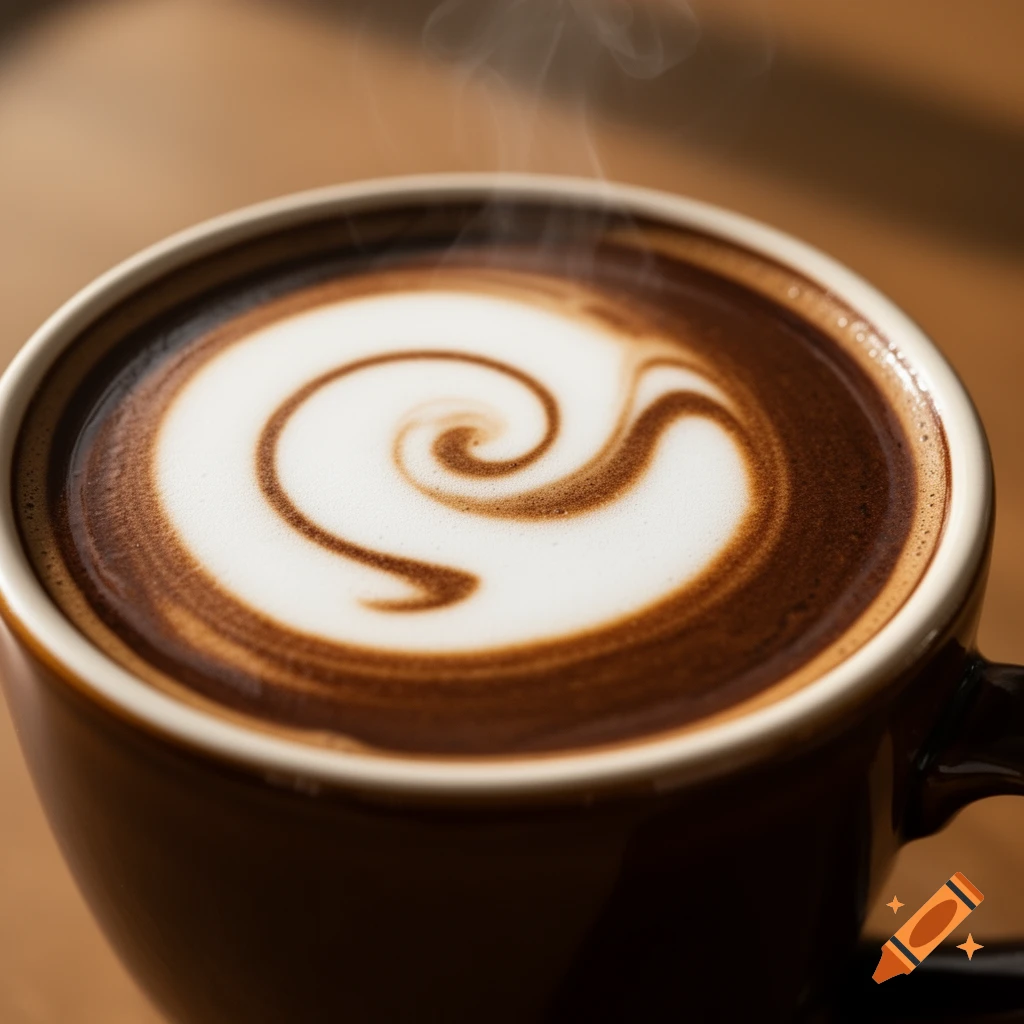Close-up of a steaming hot coffee in a brown mug with intricate white swirl latte art.