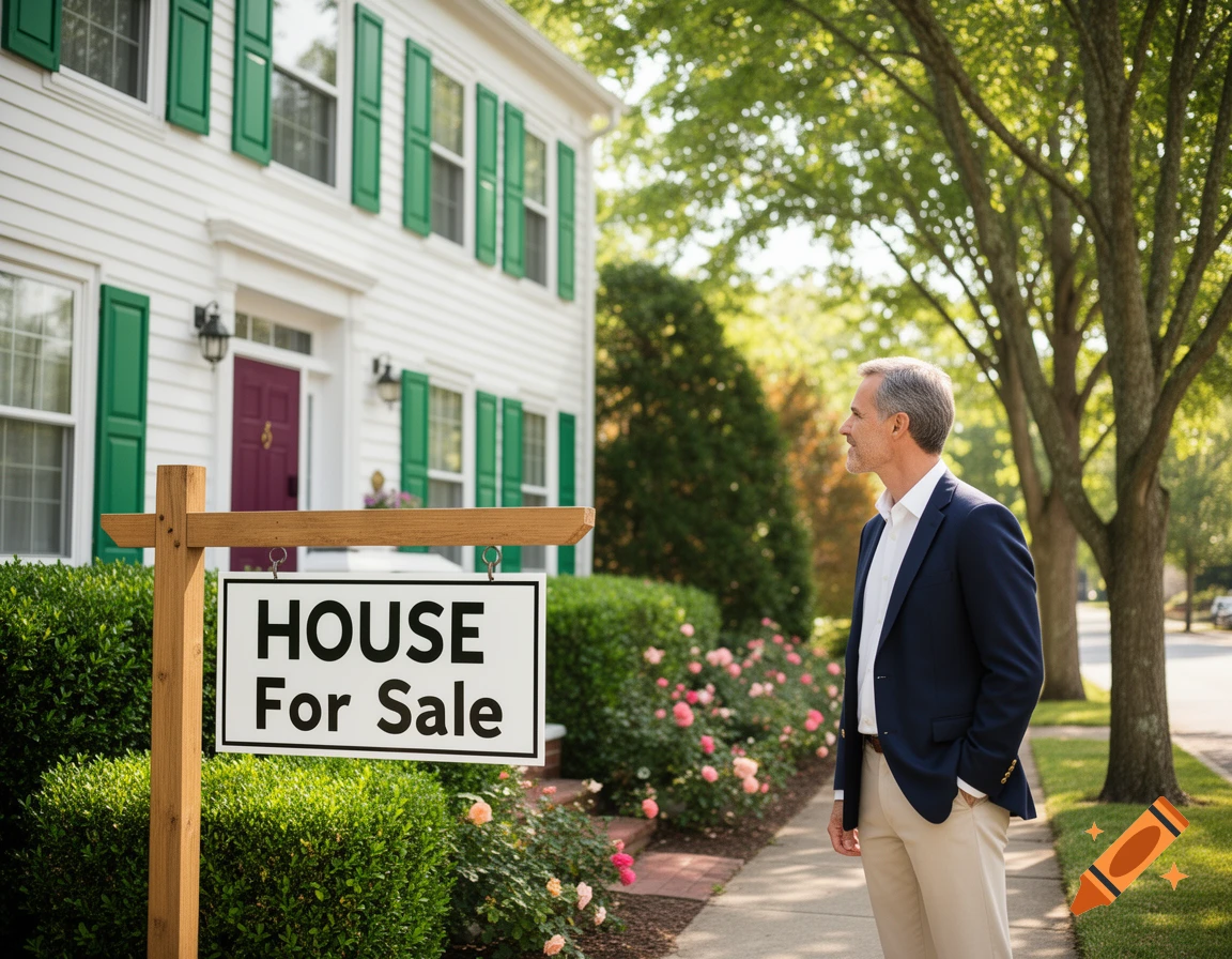 A man in a navy blazer and khakis stands on a sidewalk, looking at a "HOUSE For Sale" sign in front of a white house with green shutters.