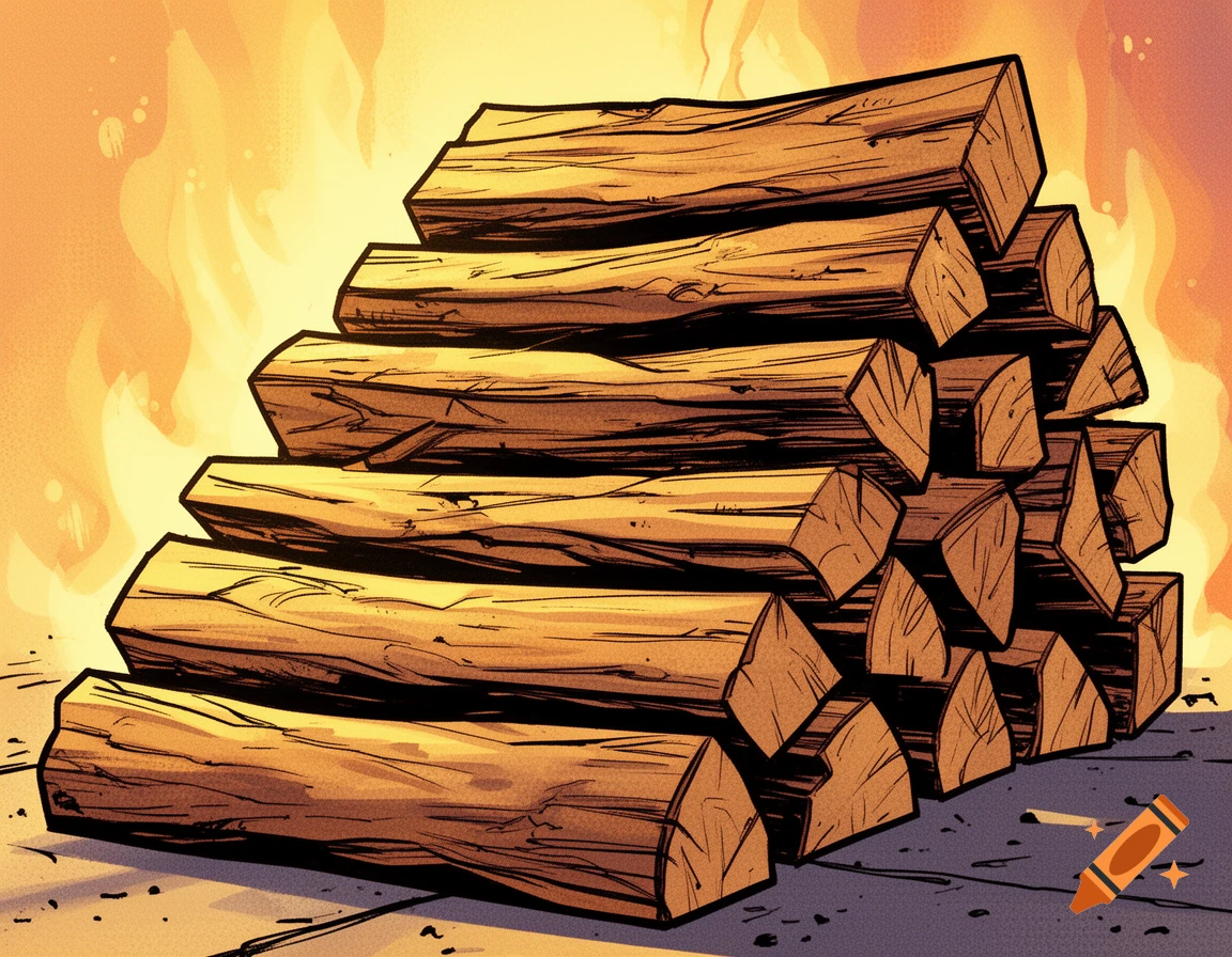 A stack of firewood logs in front of stylized flames, drawn in a comic book style.