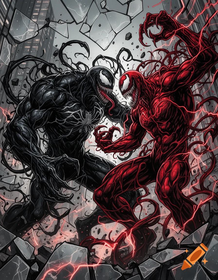 Black Venom and red Carnage battle in a destroyed cityscape with red lightning, comic art style.